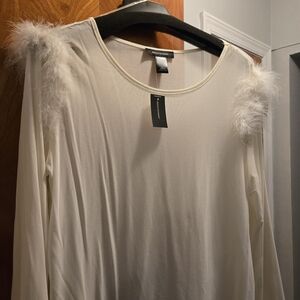 Ashley Stewart Cream Feather-Trimmed Blouse